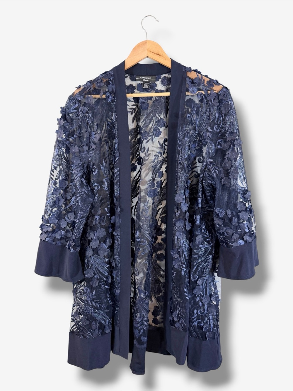 R&M Richards Blue Duster 20W Sheer Mesh Floral Appliqué Evening Formal Occasion